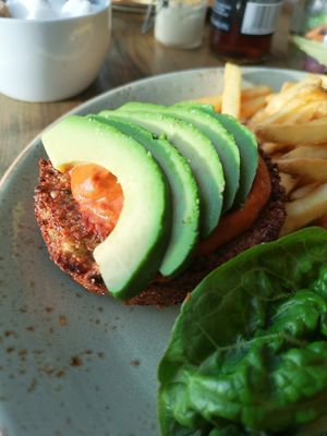 Falafel burger with chips  at The Weaving Shed in Bradford-on-avon