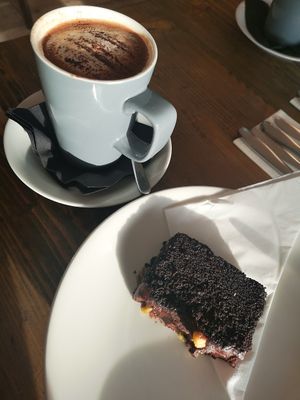 70% dark hot chocolate with soya milk - pistachio and chocolate slice  at The Weaving Shed in Bradford-on-avon