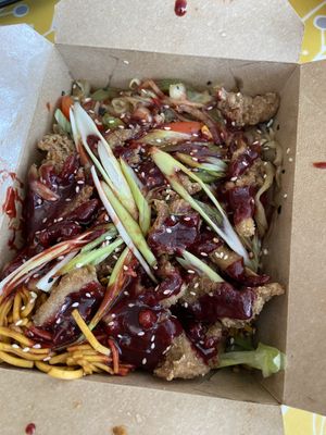 Fried ‘Chicken’ Oyster Mushrooms and Char Sue sauce with noodles   at Woo Tan Scran - Cloud Kitchen in Liverpool