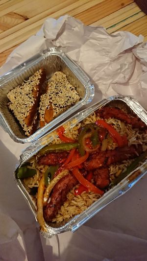 Sesame prawn toasts (nice) and what's meant to be crispy chilli beef (mediocre) at Woo Tan Scran - Cloud Kitchen in Liverpool