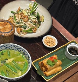 Vegan friendly pad Thai and spring rolls (the photos also includes the Thai green curry although the one in the picture was not vegan friendly) at Busaba - Covent Garden in London