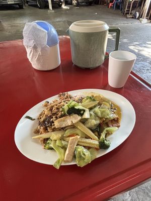 Three dishes with rice on a small plate: 60 THB  at Tian Xin Silom in Bangkok