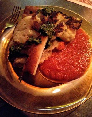 Daily special: cauliflower steak with salsa verde, sweet pepper sauce & mashed potatoes at Ganzerik in Ghent