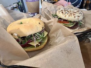 Melvie has Just Egg, Plant based patty and house made cream cheese. If you make it garden you get the micro greens, onion, avocado and cucumbers. So good!!  at Cedar Street Bagel Company in Camas