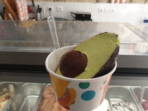 Avocado vegan ice cream in real shell at Gelatopia in Porto