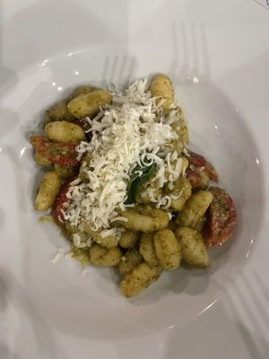 Vegan gnocchi with pesto & topped with amazing vegan parmesan   at Pizzeria Donna Stella in Amalfi