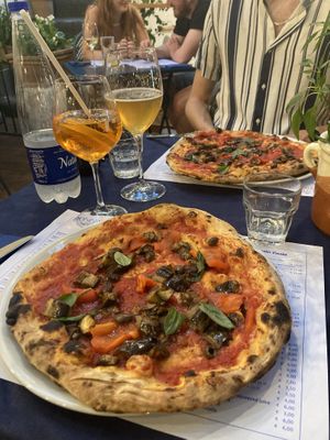 Pizza with fried aubergine, courgette, peppers and olives. SO good!  at Pizzeria Donna Stella in Amalfi
