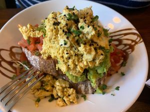Smashed Avocado with tofu scramble  at Temple Mama in Cirencester