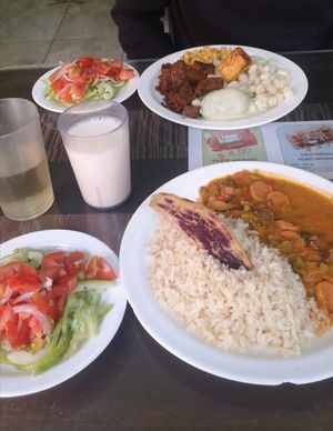 "Sausage" sauce dish and smoked "meat" dish at Maranatha in Quito