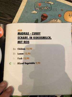 Menu at Mero Buddha Nepali Kitchen in Muenster
