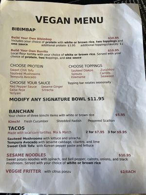 Vegan menu😄 at Soo Bak Seoul Bowl in Albuquerque