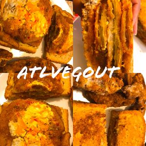 Fried green tomato sandwich with portobello fries at Trend Urban Cafe in Stone Mountain