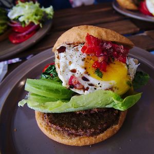 Vegetarian burger featuring a fried egg. at Yeungsang's Kitchen - 영상총각의키친 in Seoul