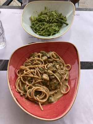Trofie with vegan pesto, potatoes and green beans above, whole grain spaghetti with sautéed zucchini and almonds cream below 🤤  at Lo Spuntino in Camogli