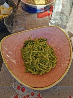 Typical lingurian Pasta with Pesto, Green beans and potato at Lo Spuntino in Camogli