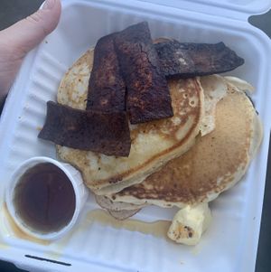 Breakfast pancakes with tofu bacon  at Flux in Brighton