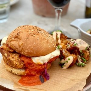 Seitan 'chicken' burger & BBQ cauli-wings at Flux in Brighton