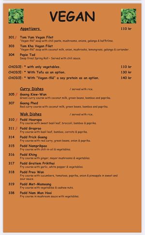 Vegan menu   at Baan Thai in Spanga