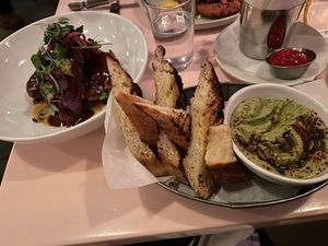Chili eggplant, avocado hummus and fries    at Cafe Roze in Nashville