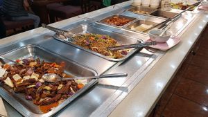 Buffet - vegan mock meat, veganized glass noodles (잡채) etc. at Salrim Vegetarian Buffet 살림 채식뷔페 - Nam in Gwangju