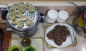 Buffet - buckwheat noodles and dumplings at Salrim Vegetarian Buffet 살림 채식뷔페 - Nam in Gwangju