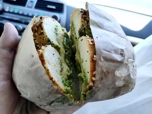 Everything bagel with avocado and JustEgg at Belle's Bagels in Los Angeles