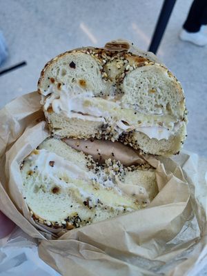 Everything bagel with cashew cream cheese and JustEgg at Belle's Bagels in Los Angeles