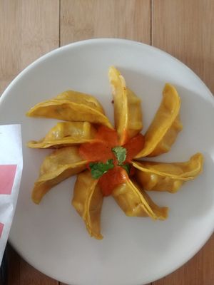 Alu Momo (vegan potato pierogi) with tomato sauce at HungryBadger Cafe in Madison