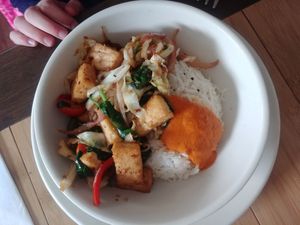 Tofu rice bowl (vegan) at HungryBadger Cafe in Madison