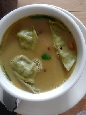 Eight-Sister soup with Veggie Momo (vegan) at HungryBadger Cafe in Madison