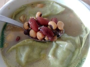 Eight-Sister soup with Veggie Momo (vegan) at HungryBadger Cafe in Madison