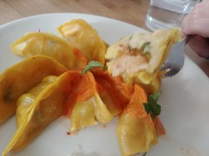 Alu potato Momo YESSS at HungryBadger Cafe in Madison