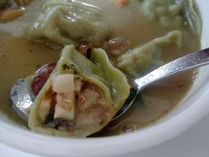 Eight-Sister soup with Veggie Momo (vegan) at HungryBadger Cafe in Madison