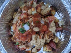 Loaded breakfast hash; home fries, tofu scramble, topped with BarBQ jackfruit at SO Veganly in Spring