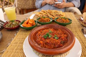 shakshuka, Moroccan salads, stuffed vegetable bread at Médina Social Club in Fes
