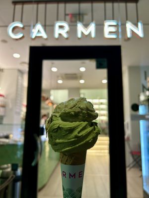 Pistachio & chestnut ice cream on a vegan cone   at Carmen Gelato in Bergamo