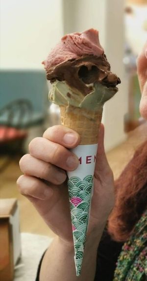 Vegan pistachio, dark chocste and strawberry & berry gelato at Carmen Gelato in Bergamo