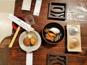 Inari and Japanese pickled veges at Hoto Fudo in Fujikawaguchiko