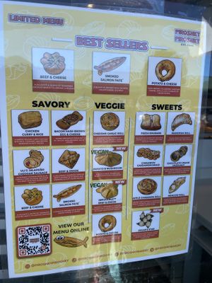 Vegan items marked on the menu  at Piroshky Piroshky - Pike Place in Seattle