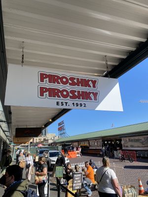 Outdoor sign - right at pike place market   at Piroshky Piroshky - Pike Place in Seattle