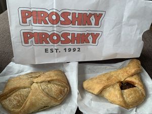 Left is the potato and right the imposible beef   at Piroshky Piroshky - Pike Place in Seattle