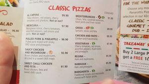 Menu at Panarottis in Upington