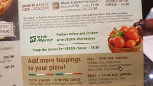 Menu at Panarottis in Upington