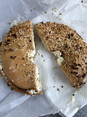 Whole wheat everything flagal with vegan veggie cream cheese   at Seaford Bagels in Seaford