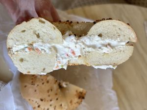 Onion toasted bagel with vegan veggie cream cheese  at Seaford Bagels in Seaford