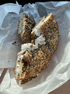everything flagel with vegetable non dairy cream cheese and have  at Higbie Bagels in West Islip
