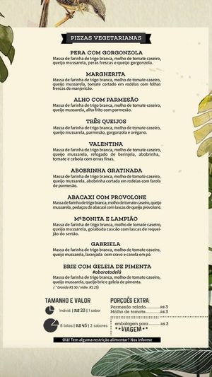 Cardápio de pizzas vegetarianas at Casa Aho in Aracaju