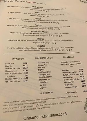 Menu back page at Cinnamon Lounge and Dining in Keynsham