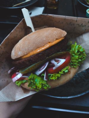 Close up on the “Forky’s burger" at Forky's - Milady Horákové in Prague