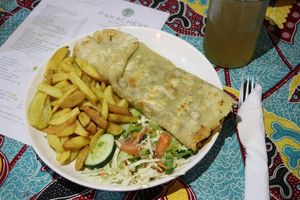Bean wrap with chips at Pakachere in Zomba